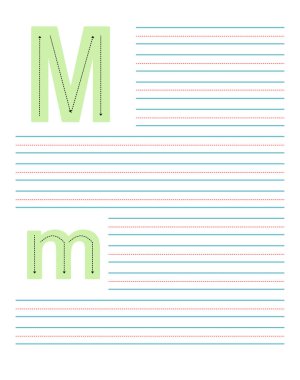 Colorful tracing worksheet for learning to write uppercase and lowercase letter M. Educational activity with guide lines for practicing English alphabet handwriting