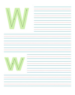 Colorful tracing worksheet for learning to write uppercase and lowercase letter W. Educational activity with guide lines for practicing English alphabet handwriting