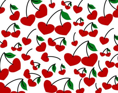 Beyaz arka planda kırmızı kalp şeklindeki kirazların kusursuz deseni. Eğlenceli bir yaz meyvesi dokusu tasarımı