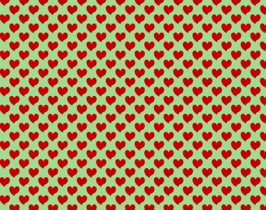 Açık yeşil arka planda kırmızı kalpler kusursuz desen. Canlı bir zıt aşk ve aşk dokusu tasarımı
