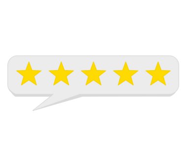 Beyaz arka plandaki müşteri geribildirimi için yatay beyaz konuşma balonu derecelendirme ikonu içinde beş altın yıldız. Değerlendirme sembolü mükemmel bir değerlendirme için konuşma balonunda