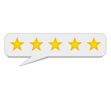 Beyaz arka plandaki müşteri geribildirimi için yatay beyaz konuşma balonu derecelendirme ikonu içinde beş altın yıldız. Değerlendirme sembolü mükemmel bir değerlendirme için konuşma balonunda