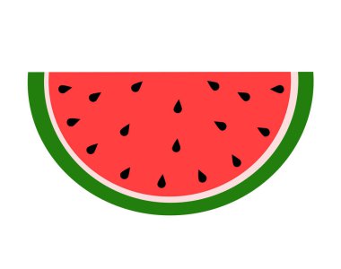 Kırmızı etli taze karpuz dilimi, siyah tohumlar ve beyaz arka planda izole edilmiş yeşil kabuk. Yumuşak, ferahlatıcı bir yaz meyve dilimi veya yarım daire şeklinde basit bir vektör simgesi
