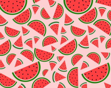 Repeating pattern background of various red watermelon slices, wedges, and half circles on light pink surface. Sweet summer fruit for food and tropical design concept