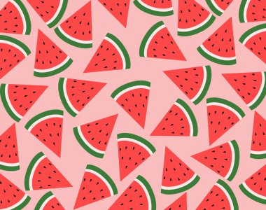 Pembe arka planda dağınık kırmızı karpuz üçgen dilimleri. Gıda ve tropikal kavramlar için tatlı yaz meyvelerinin renkli, düz desen çizimi, tekrarlayan desen