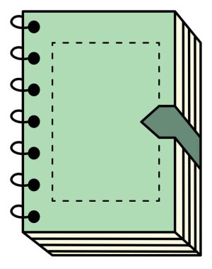 Beyaz arkaplan üzerinde yer imi olan, sarmal kaplı kapalı bir defterin basit bir vektör çizimi. Çizgi film biçimi, notlar veya yazma