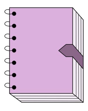 Kapalı bir pastel mor spiral kaplı defter ile koyu renk yer imi içeren minimalist vektör çizimi