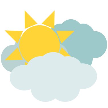 Güneşin düz vektör ikonu, örtüşen iki bulut tarafından kısmen gizlenmiş. Güneşli ve bulutlu hava koşulları