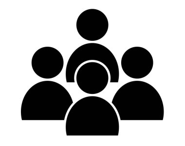 Siyah siluet vektör ikonu bir lideri ve üç takım üyesinden oluşan bir grubu temsil ediyor. Yönetim, organizasyon, hiyerarşi veya bir iş takımı