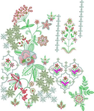 Detaylı yaprak desenleri içeren, hem çok renkli hem de tek renk varyasyonlarda bulunan orijinal çiçek işleme tasarımı. Dijital nakış, moda, tekstil ve el işi için mükemmel. Yüksek kaliteli EMB vektör dosyaları ile tasarlanmış, Dogar Art emb