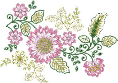 Detaylı yaprak desenleri içeren, hem çok renkli hem de tek renk varyasyonlarda bulunan orijinal çiçek işleme tasarımı. Dijital nakış, moda, tekstil projeleri ve el işi kullanımı için mükemmel. Yüksek kaliteli Dogar Art emb vektörü ile tasarlandı