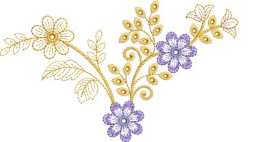 Detaylı yaprak desenleri içeren, hem çok renkli hem de tek renk varyasyonlarda bulunan orijinal çiçek işleme tasarımı. Dijital nakış, moda, tekstil projeleri ve el işi kullanımı için mükemmel. Yüksek kaliteli Dogar Art emb vektörü ile tasarlandı