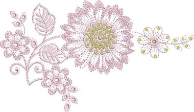 Güzel çiçekli, nakışsız desenli ve koyu arkaplanda el yapımı çiçek süsü. Moda ürünleri için nakış ve basılı kumaş veya kağıt ve daha fazlası için en iyi kaplamalı tasarım.