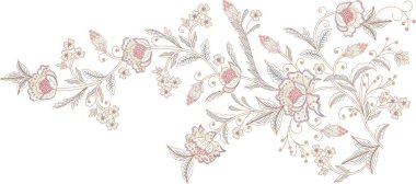 Eski moda fantezi çiçekleri, eski moda, jakoben nakış tarzı. Nakış sahteciliği. Nakış taklidi siyah arka planda izole edildi. Vektör illüstrasyonu.