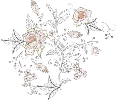 Eski moda fantezi çiçekleri, eski moda, jakoben nakış tarzı. Nakış sahteciliği. Nakış taklidi siyah arka planda izole edildi. Vektör illüstrasyonu.