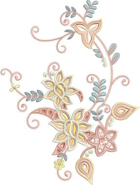 Eski moda fantezi çiçekleri, eski moda, jakoben nakış tarzı. Nakış sahteciliği. Nakış taklidi siyah arka planda izole edildi. Vektör illüstrasyonu.