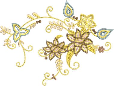 Eski moda fantezi çiçekleri, eski moda, jakoben nakış tarzı. Nakış sahteciliği. Nakış taklidi siyah arka planda izole edildi. Vektör illüstrasyonu.