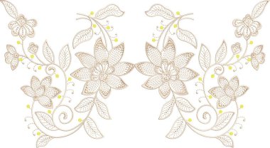 Eski moda fantezi çiçekleri, eski moda, jakoben nakış tarzı. Nakış sahteciliği. Nakış taklidi siyah arka planda izole edildi. Vektör illüstrasyonu.