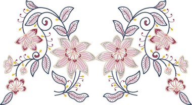 Eski moda fantezi çiçekleri, eski moda, jakoben nakış tarzı. Nakış sahteciliği. Nakış taklidi siyah arka planda izole edildi. Vektör illüstrasyonu.