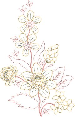 Eski moda fantezi çiçekleri, eski moda, jakoben nakış tarzı. Nakış sahteciliği. Nakış taklidi siyah arka planda izole edildi. Vektör illüstrasyonu.