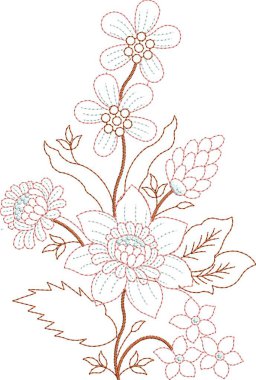 Detaylı yaprak desenleri içeren, hem çok renkli hem de tek renk varyasyonlarda bulunan orijinal çiçek işleme tasarımı. Dijital nakış, moda, tekstil projeleri ve el işi kullanımı için mükemmel. Yüksek kaliteli vektör ve EMB dosyaları ile tasarlandı,