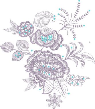 Detaylı yaprak desenleri içeren, hem çok renkli hem de tek renk varyasyonlarda bulunan orijinal çiçek işleme tasarımı. Dijital nakış, moda, tekstil projeleri ve el işi kullanımı için mükemmel. Yüksek kaliteli vektör ve EMB dosyaları ile tasarlandı,