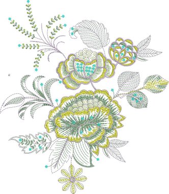 Detaylı yaprak desenleri içeren, hem çok renkli hem de tek renk varyasyonlarda bulunan orijinal çiçek işleme tasarımı. Dijital nakış, moda, tekstil projeleri ve el işi kullanımı için mükemmel. Yüksek kaliteli vektör ve EMB dosyaları ile tasarlandı,