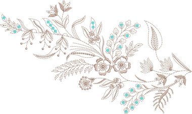 Detaylı yaprak desenleri içeren, hem çok renkli hem de tek renk varyasyonlarda bulunan orijinal çiçek işleme tasarımı. Dijital nakış, moda, tekstil projeleri ve el işi kullanımı için mükemmel. Yüksek kaliteli vektör ve EMB dosyaları ile tasarlandı,