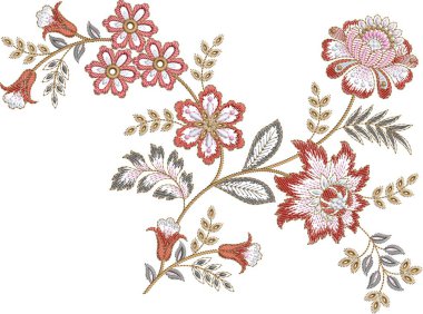 Güzel çiçekli, nakışsız desenli ve koyu arkaplanda el yapımı çiçek süsü. Moda ürünleri için nakış ve basılı kumaş veya kağıt ve daha fazlası için en iyi kaplamalı tasarım.