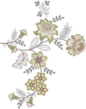 Güzel çiçekli, nakışsız desenli ve koyu arkaplanda el yapımı çiçek süsü. Moda ürünleri için nakış ve basılı kumaş veya kağıt ve daha fazlası için en iyi kaplamalı tasarım.