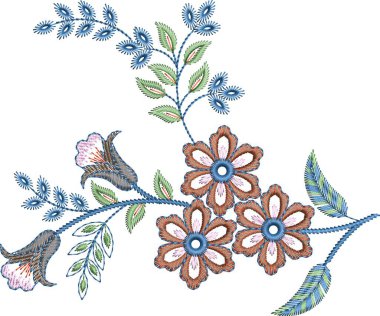 Eski moda fantezi çiçekleri, eski moda, jakoben nakış tarzı. Nakış sahteciliği. Nakış taklidi siyah arka planda izole edildi. Vektör illüstrasyonu. Nakış tasarımı 