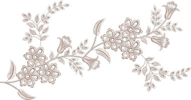 Eski moda fantezi çiçekleri, eski moda, jakoben nakış tarzı. Nakış sahteciliği. Nakış taklidi siyah arka planda izole edildi. Vektör illüstrasyonu. Nakış tasarımı 