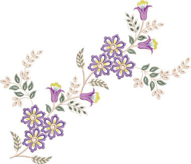 Eski moda fantezi çiçekleri, eski moda, jakoben nakış tarzı. Nakış sahteciliği. Nakış taklidi siyah arka planda izole edildi. Vektör illüstrasyonu. Nakış tasarımı 