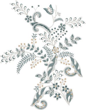 Eski moda fantezi çiçekleri, eski moda, jakoben nakış tarzı. Nakış sahteciliği. Nakış taklidi siyah arka planda izole edildi. Vektör illüstrasyonu.