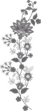 Eski moda fantezi çiçekleri, eski moda, jakoben nakış tarzı. Nakış sahteciliği. Nakış taklidi siyah arka planda izole edildi. Vektör illüstrasyonu.