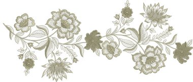 Detaylı yaprak desenleri içeren, hem çok renkli hem de tek renk varyasyonlarda bulunan orijinal çiçek işleme tasarımı. Dijital nakış, moda, tekstil projeleri ve el işi kullanımı için mükemmel. Yüksek kaliteli vektör ve EMB dosyaları ile tasarlandı, 