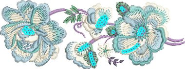 Eski moda fantezi çiçekleri, eski moda, jakoben nakış tarzı. Nakış sahteciliği. Nakış taklidi siyah arka planda izole edildi. Vektör illüstrasyonu.