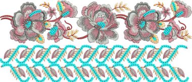 Eski moda fantezi çiçekleri, eski moda, jakoben nakış tarzı. Nakış sahteciliği. Nakış taklidi siyah arka planda izole edildi. Vektör illüstrasyonu.