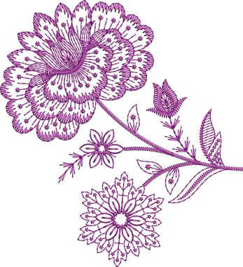 Eski moda fantezi çiçekleri, eski moda, jakoben nakış tarzı. Nakış sahteciliği. Nakış taklidi siyah arka planda izole edildi. Vektör illüstrasyonu.Çiçek nakış tasarımları