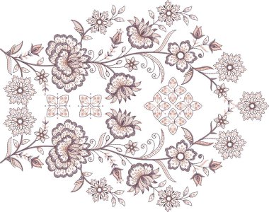 Eski moda fantezi çiçekleri, eski moda, jakoben nakış tarzı. Nakış sahteciliği. Nakış taklidi siyah arka planda izole edildi. Vektör illüstrasyonu.Çiçek nakış tasarımları