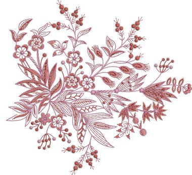 Detaylı yaprak desenleri içeren, hem çok renkli hem de tek renk varyasyonlarda bulunan orijinal çiçek işleme tasarımı. Dijital nakış, moda, tekstil projeleri ve el işi kullanımı için mükemmel. Yüksek kaliteli vektör ve EMB dosyaları ile tasarlandı,