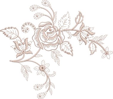 Detaylı yaprak desenleri içeren, hem çok renkli hem de tek renk varyasyonlarda bulunan orijinal çiçek işleme tasarımı. Dijital nakış, moda, tekstil projeleri ve el işi kullanımı için mükemmel. Yüksek kaliteli vektör ve EMB dosyaları ile tasarlandı