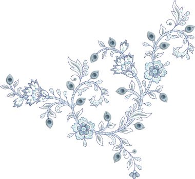 Detaylı yaprak desenleri içeren, hem çok renkli hem de tek renk varyasyonlarda bulunan orijinal çiçek işleme tasarımı. Dijital nakış, moda, tekstil projeleri ve el işi kullanımı için mükemmel. Yüksek kaliteli vektör ve EMB dosyaları ile tasarlandı