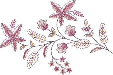 Detaylı yaprak desenleri içeren, hem çok renkli hem de tek renk varyasyonlarda bulunan orijinal çiçek işleme tasarımı. Dijital nakış, moda, tekstil projeleri ve el işi kullanımı için mükemmel. Yüksek kaliteli vektör ve EMB dosyaları ile tasarlandı