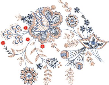 Detaylı yaprak desenleri içeren, hem çok renkli hem de tek renk varyasyonlarda bulunan orijinal çiçek işleme tasarımı. Dijital nakış, moda, tekstil projeleri ve el işi kullanımı için mükemmel. Yüksek kaliteli vektör ve EMB dosyaları ile tasarlandı