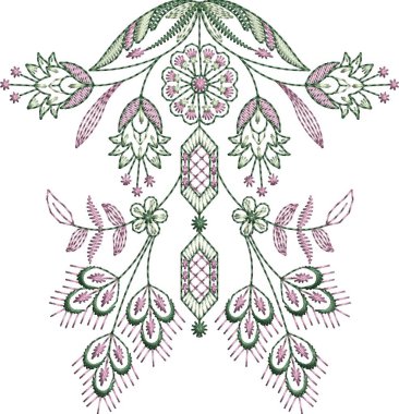 Detaylı yaprak desenleri içeren, hem çok renkli hem de tek renk varyasyonlarda bulunan orijinal çiçek işleme tasarımı. Dijital nakış, moda, tekstil projeleri ve el işi kullanımı için mükemmel. Yüksek kaliteli vektör ve EMB dosyaları ile tasarlandı