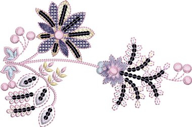 Detaylı yaprak desenleri içeren, hem çok renkli hem de tek renk varyasyonlarda bulunan orijinal çiçek işleme tasarımı. Dijital nakış, moda, tekstil projeleri ve el işi kullanımı için mükemmel. Yüksek kaliteli vektör ve EMB dosyaları ile tasarlandı