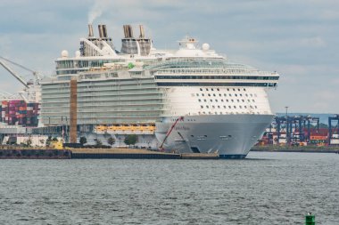 Majestic yolcu gemisi modern deniz yolculuğunu gösteren yoğun bir limana yanaştı. Lüks okyanus yolculukları ve hareketli deniz limanları için ilham arayan tatil meraklıları ve seyahat endüstrileri için ideal.