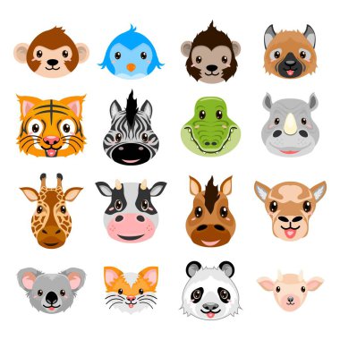 Şirin ve renkli çizgi film hayvanı vektör kümesine bakıyor. Çocuk projeleri, eğitim malzemeleri, çıkartmalar, oyuncaklar, posterler, çocuk dekorları, uygulamalar ve oyunlar için mükemmel. Tamamen düzenlenebilir ve beyaz arkaplanda izole.