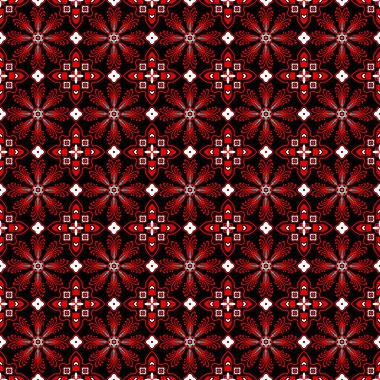 Katmanlı çiçekli ve zarif süslemeleri olan koyu kırmızı batik esinlenilmiş bir desen. Tekstil kumaşı, moda, duvar kağıtları, hediye ambalajı ve kaliteli kültürel temalar için ideal.